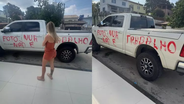 Influenciadora tem carro pichado com frases ofensivas: “Foto nua não é trabalho”